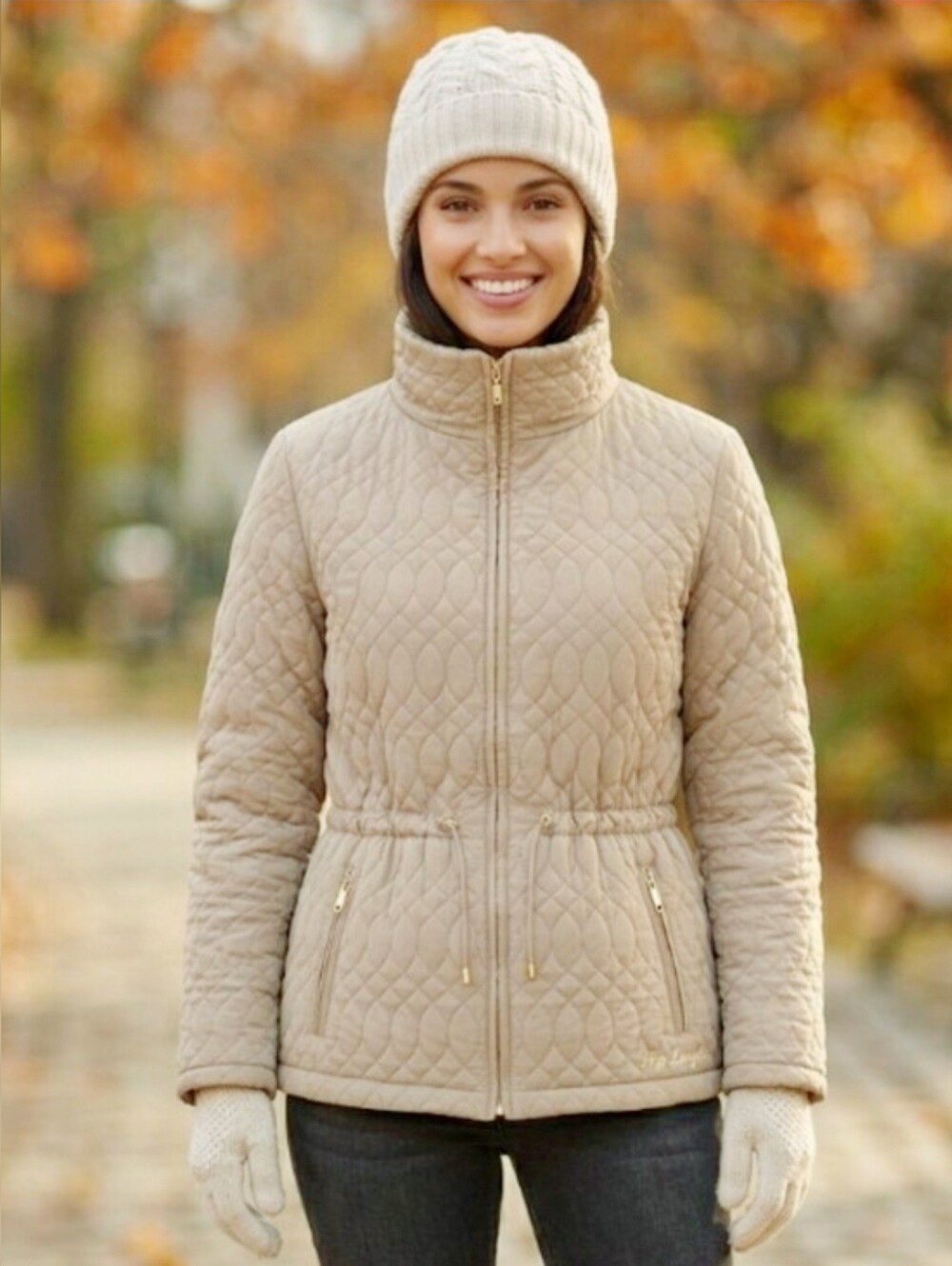 Minimalist Preppy Jacket Quilted Beige Puffer Drawstring Funnel Neck Chore Med
